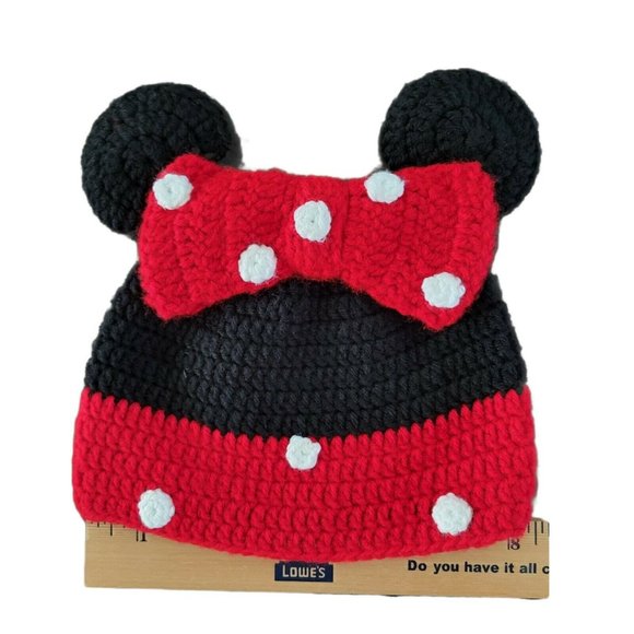 Minnie Mouse Crocheted Hat with Bow Polka Dot, Ears 16" Childs Beanie Cap EUC - Picture 4 of 5